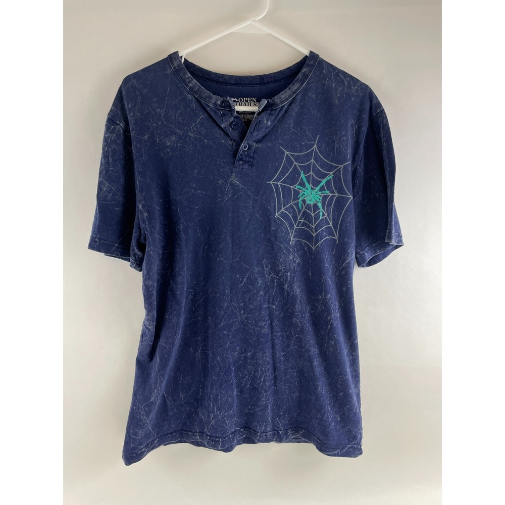 Open Trails Shirt Men's Size Medium Blue White Henley  Spider Web Distressed